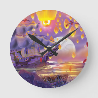 Chinese Lanterns by a moonlit river Round Clock