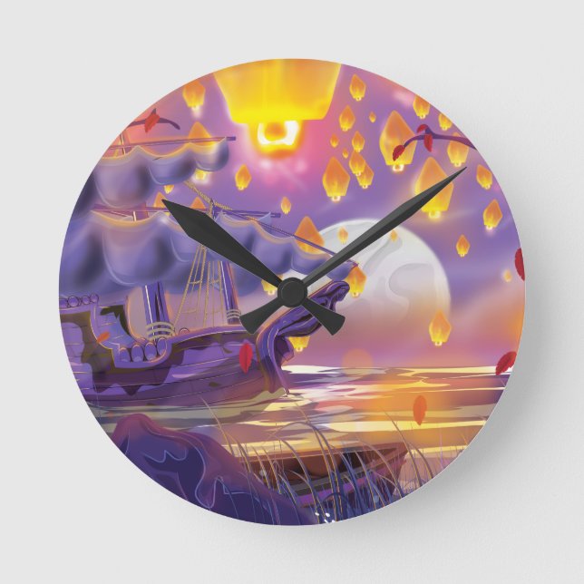 Chinese Lanterns by a moonlit river Round Clock (Front)