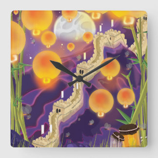 Chinese Lanterns Great Wall of China Square Wall Clock