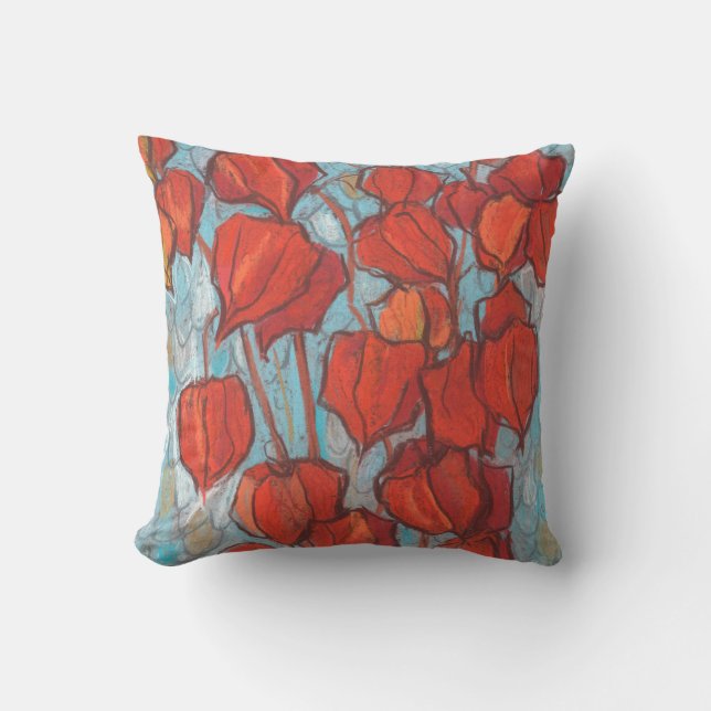 Chinese Lanterns, Physalis Autumn Floral Painting Cushion (Front)