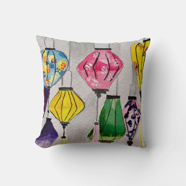 Chinese lanterns watercolor art cushion (Front)