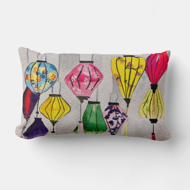 Chinese lanterns watercolor art lumbar cushion (Front)