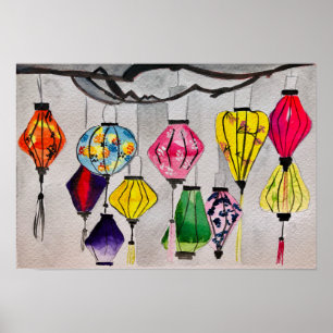 Chinese lanterns watercolor art poster