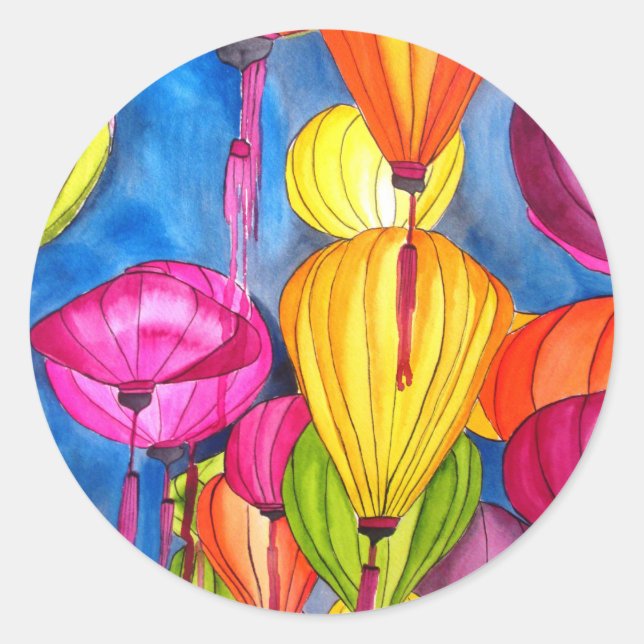 Chinese Lanterns watercolour fine art Classic Round Sticker (Front)
