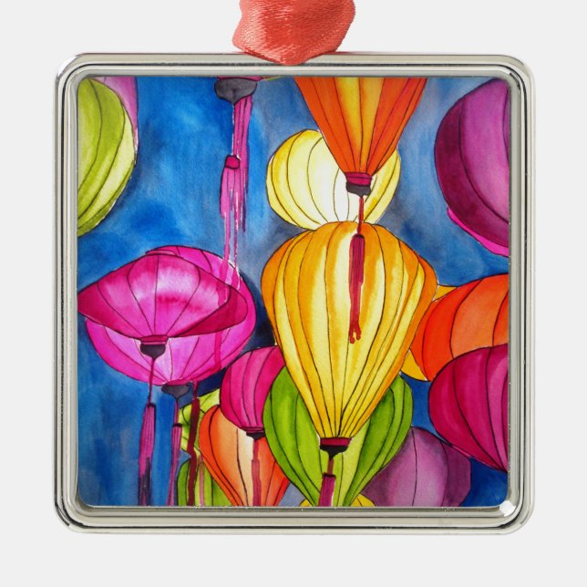 Chinese Lanterns watercolour fine art Metal Tree Decoration (Front)