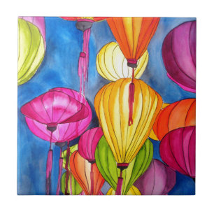 Chinese Lanterns watercolour fine art Tile