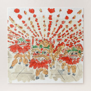 Chinese Lion Dance Watercolor Jigsaw Puzzle