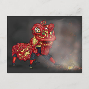 Chinese Lion Dancers Firecracker Illustration Postcard