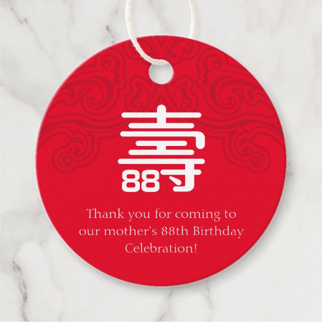 Chinese "Longevity" Birthday Tag - RED (any age) (Front)