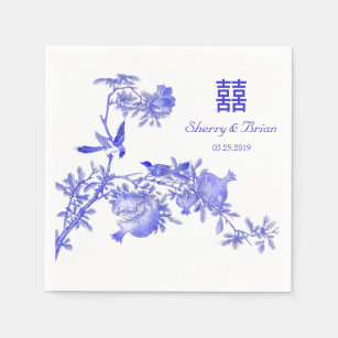 Chinese Love Birds Blue Floral Double Xi Wedding Napkin