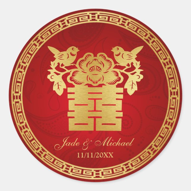 Chinese Love BIrds Double Happiness Wedding Classic Round Sticker (Front)