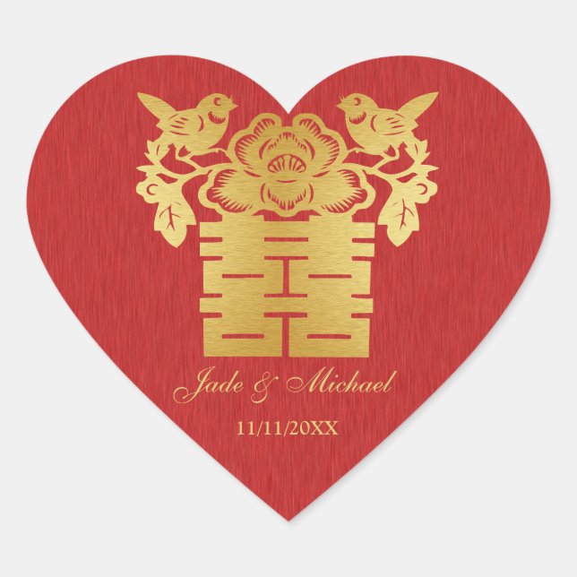 Chinese Love BIrds Double Happiness Wedding Heart Sticker (Front)