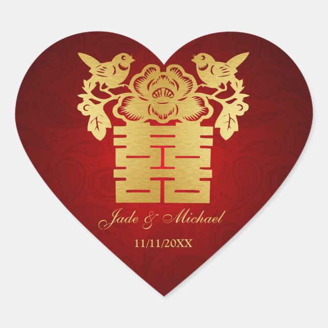Chinese Love BIrds Double Happiness Wedding Heart Sticker (Front)