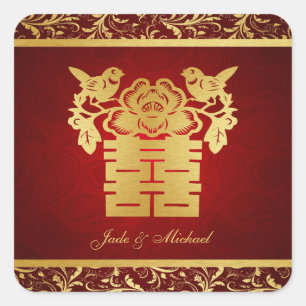 Chinese Love BIrds Double Happiness Wedding Square Sticker