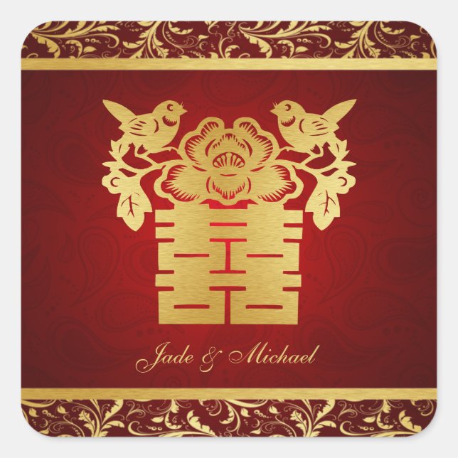 Chinese Love BIrds Double Happiness Wedding Square Sticker (Front)