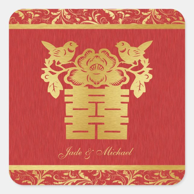 Chinese Love BIrds Double Happiness Wedding Square Sticker (Front)