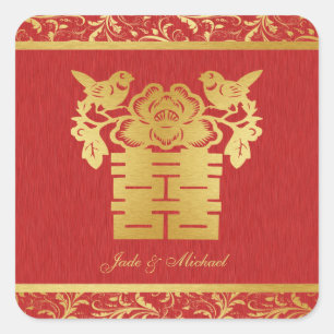 Chinese Love BIrds Double Happiness Wedding Square Sticker