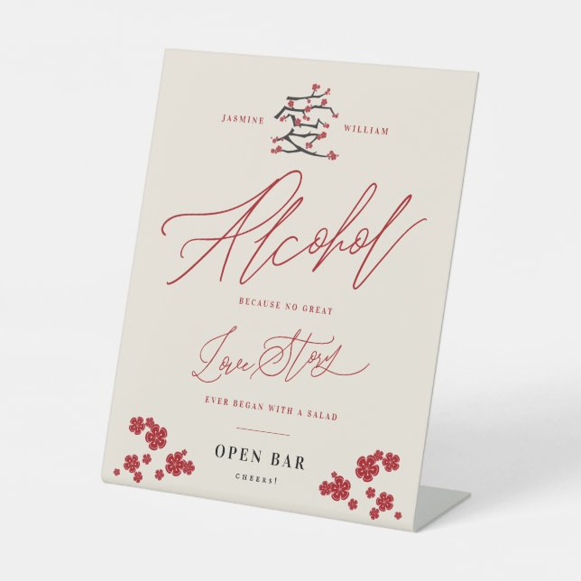 Chinese Love Cherry Blossoms Alcohol Love Story Pedestal Sign (Front)