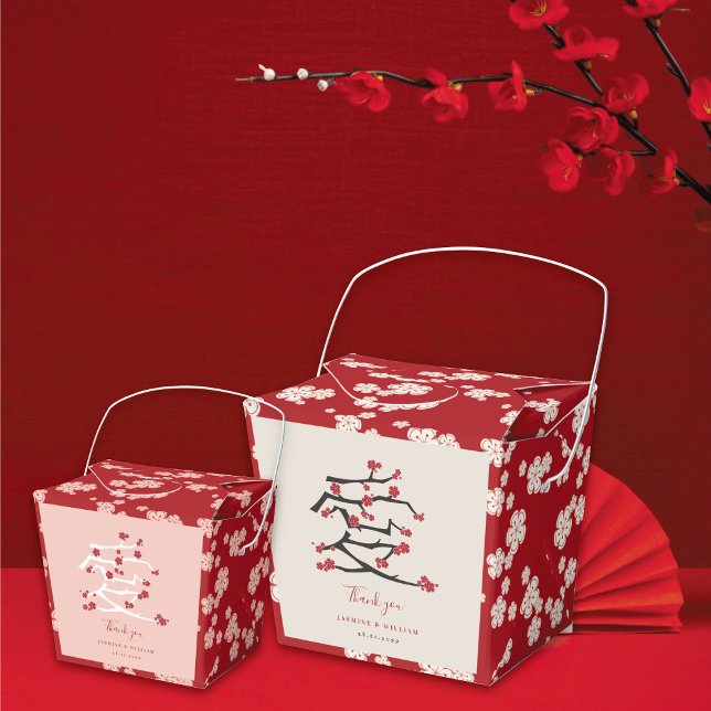 Chinese Love Red Cherry Blossoms Engagement Party Favour Box (Chinese 'Ai' Love Red/Pink Cherry Blossoms Engagement/Wedding Party Favor Boxes @ fatfatin_red_knot)