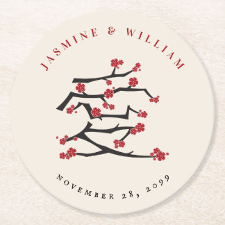 Chinese Love Red Cherry Blossoms Engagement Party  Round Paper Coaster