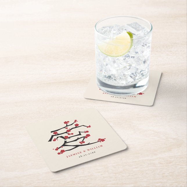 Chinese Love Red Cherry Blossoms Engagement Party Square Paper Coaster (Insitu)