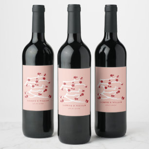Chinese Love Red Cherry Blossoms Engagement Party Wine Label