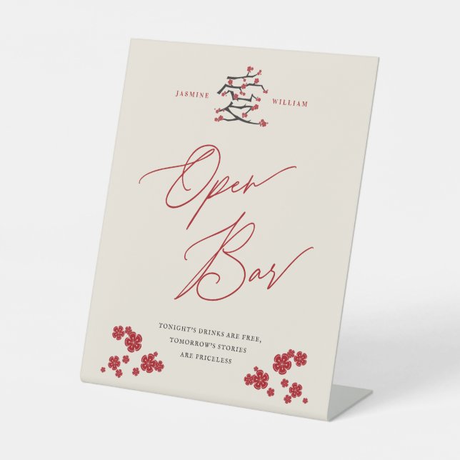 Chinese Love Red Cherry Blossoms Open Bar Wedding Pedestal Sign (Front)