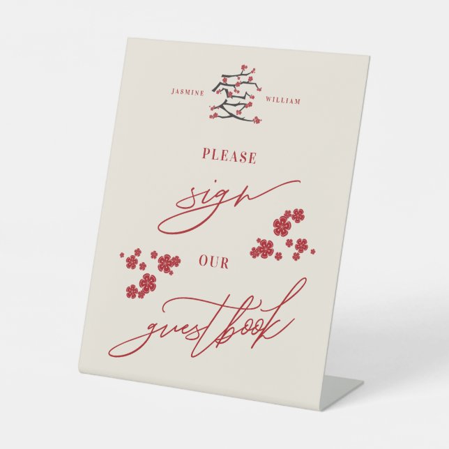 Chinese Love Red Cherry Blossoms Sign Guestbook (Front)