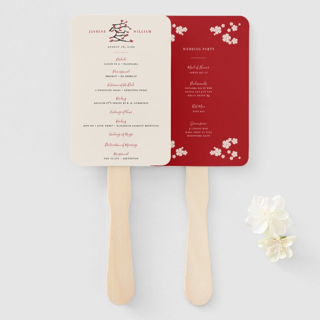 Chinese Love Red Cherry Blossoms Wedding Program Hand Fan (Front and Back)