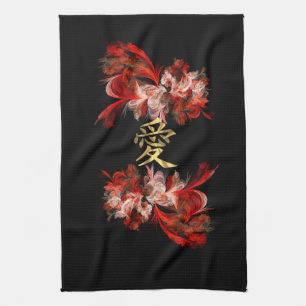 Chinese love symbol on red fractal tea towel
