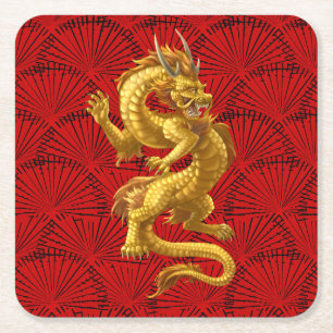Chinese Lucky Gold Dragon Square Paper Coaster
