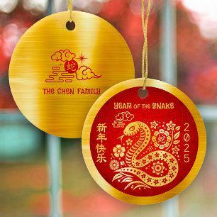 Chinese Lunar New Year Snake 2025 Gold Foil Red Ceramic Tree Decoration