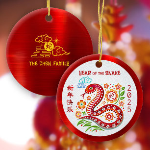 Chinese Lunar New Year Snake Papercut Red 2025 Ceramic Tree Decoration