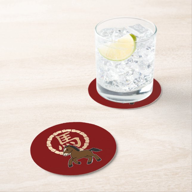 Chinese Lunar Year of the Horse with Golden Zodiac Round Paper Coaster (Insitu)