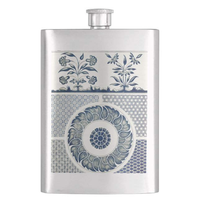 Chinese Medallion: Indigo Blue Chinoiserie Hip Flask (Front)