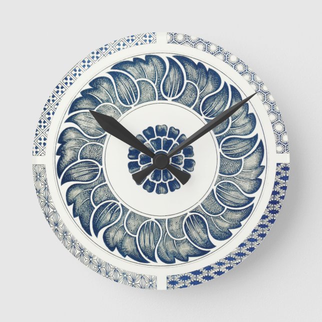 Chinese Medallion: Indigo Blue Chinoiserie Round Clock (Front)