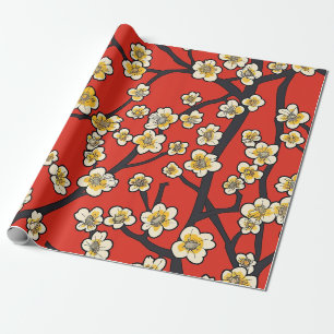 Chinese Meihua White Plum Blossom Crimson Pattern Wrapping Paper