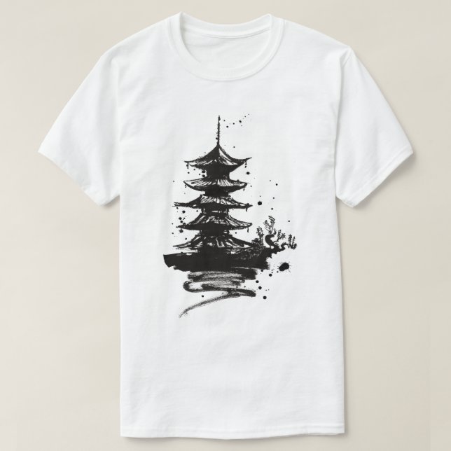 Chinese Monk Tower T-shirt – Spiritual Asian Templ (Design Front)