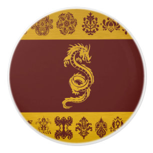 Chinese Mythology Dragon, Ornaments - Red Gold Ceramic Knob