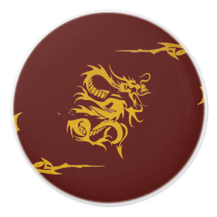 Chinese Mythology Dragon, Swirls - Red Gold Ceramic Knob