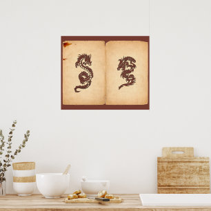 Chinese Mythology Dragons, Old Paper - Red Orange Poster