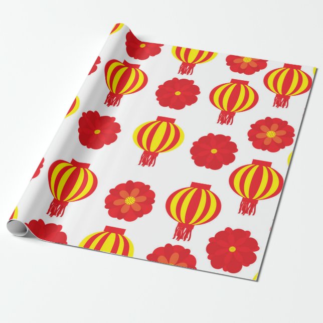 Chinese New Year 2020 Yellow n Red Lantern floral Wrapping Paper (Unrolled)