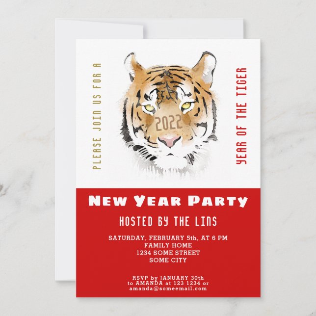 Chinese New Year 2022 Tiger Watercolor Red Party  Invitation (Front)