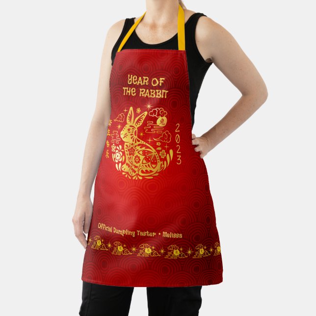 Chinese New Year 2023 Rabbit Gold Foil Red Circles Apron (Insitu)