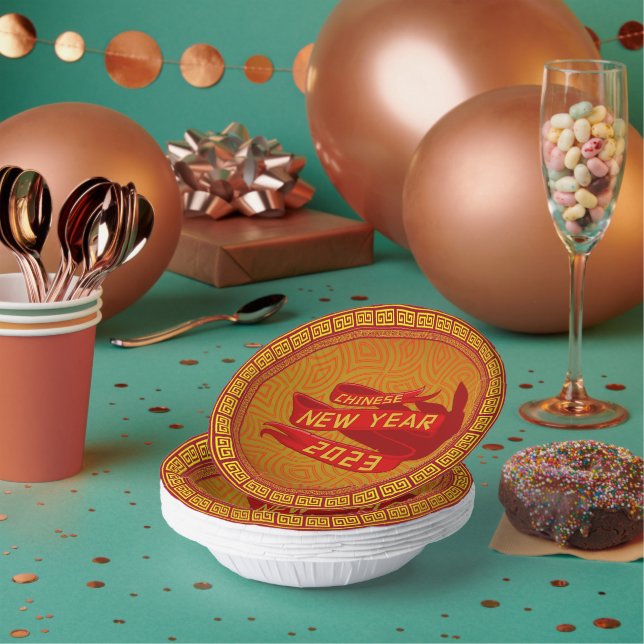 Chinese New Year 2023 Rabbit Red Gold  7" Paper Plate (Multi)