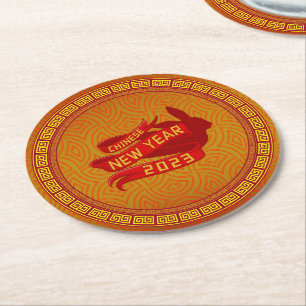 Chinese New Year 2023 Rabbit Red Gold Round Paper Coaster
