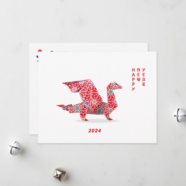 Chinese New Year 2024 Red Origami Dragon  Holiday Card (Front/Back In Situ)