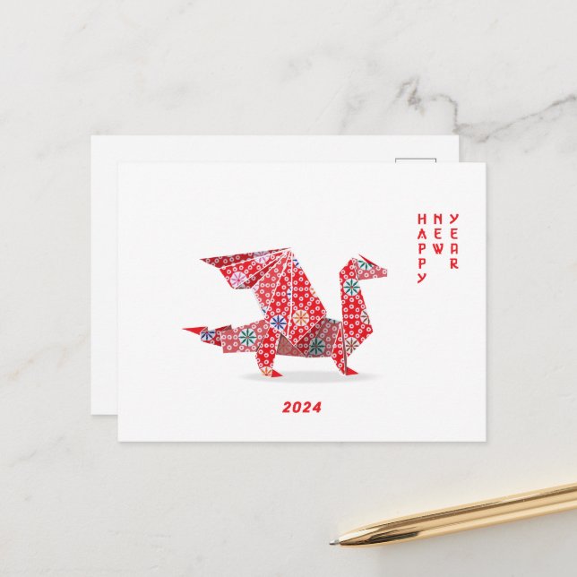 Chinese New Year 2024 Red Origami Dragon  Postcard (Front/Back In Situ)