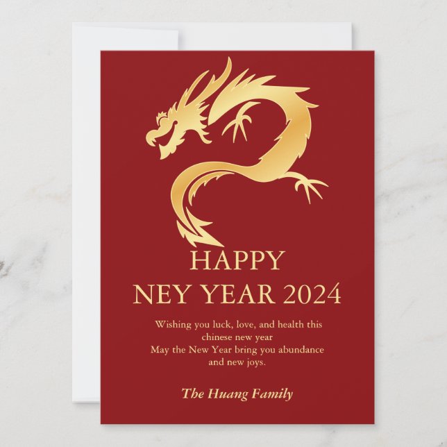 Chinese New Year 2024, Year Of The Dragon Red Holiday Card (Front)