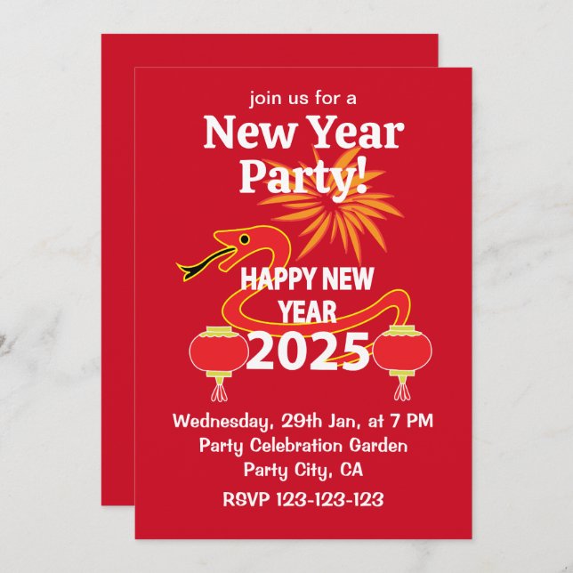 Chinese New Year 2025 Snake Chinese New Year  Invitation (Front/Back)